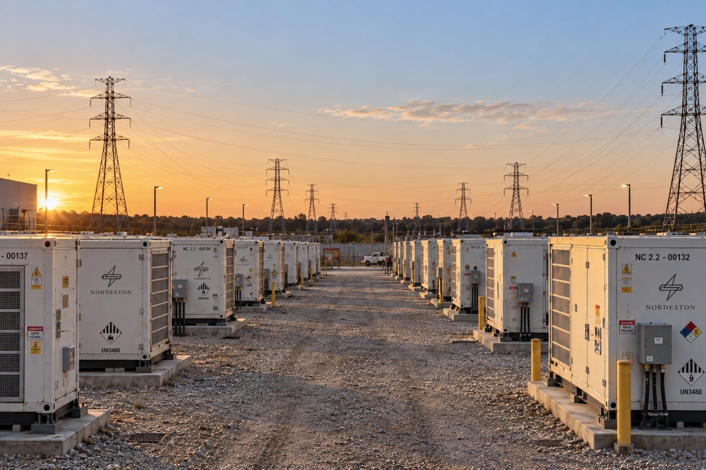 Rows of Nordeston battery energy storage enclosures beside high-voltage transmission towers at sunset