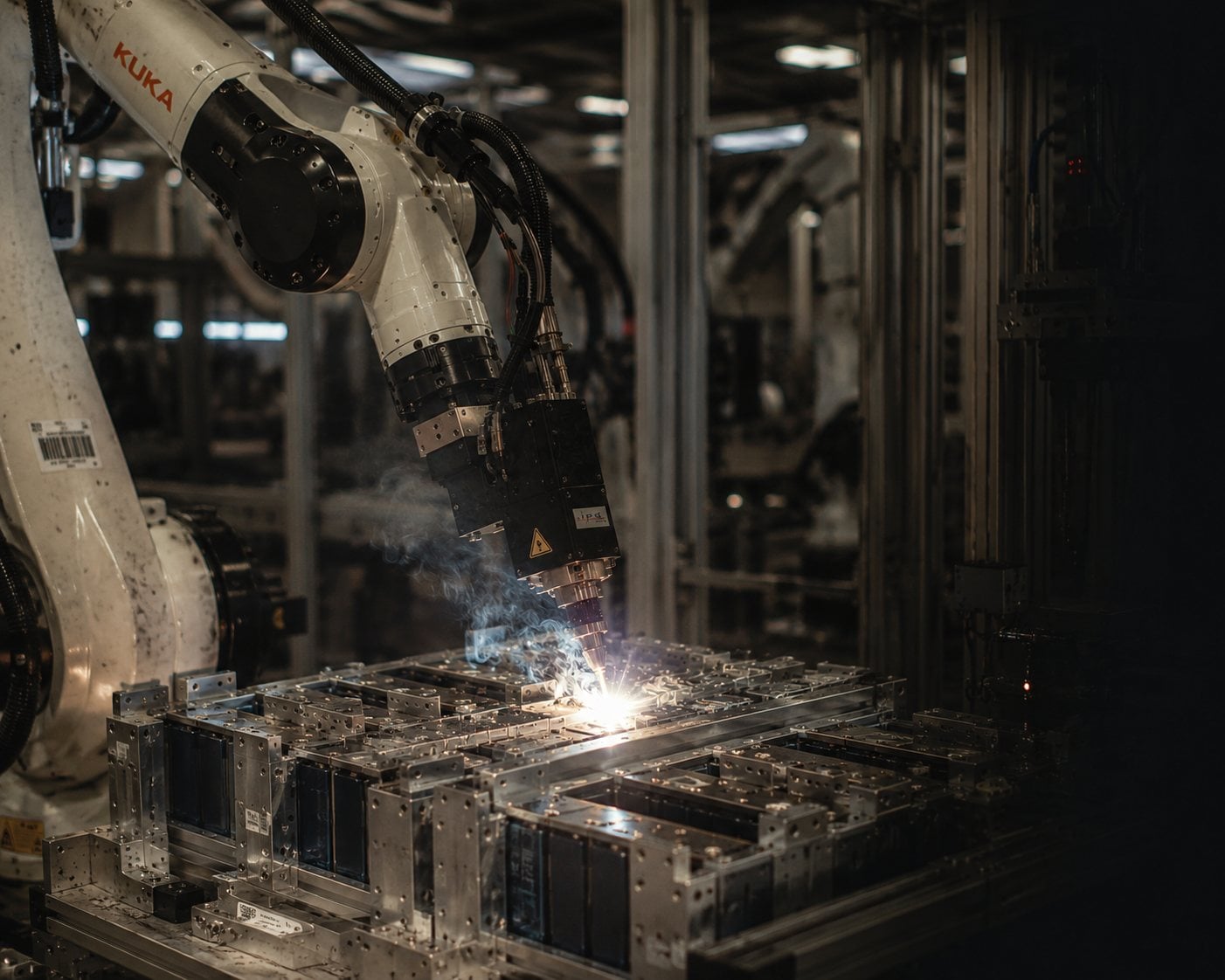 Robotic welding cell in an industrial manufacturing facility